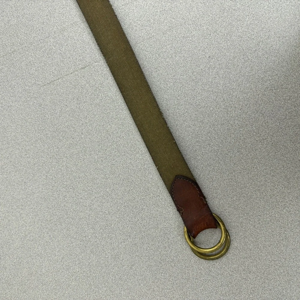 Clarks Belt Mens 40 Green Brown Canvas Leather Double Ring D-Ring D Ring Buckle